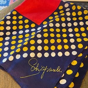 Vintage Schiaparelli Scarf Square Polka Dots Silk Blue Red Yellow Colorblock